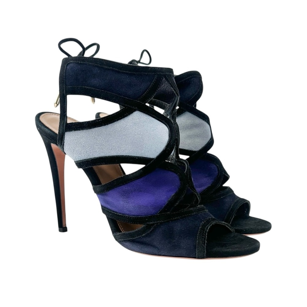 AQUAZZURA Vika Blue Black Purple Suede Leather 4" Stiletto Heel Heeled Sandals